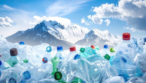 Crushed plastic water bottle waste in a wild landscape, symbol for nature protection, waste