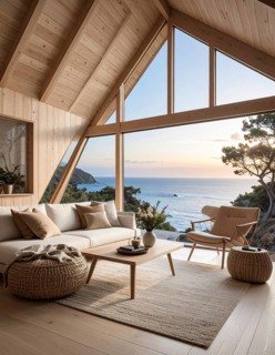 Peaceful A-frame cabin interior with ocean views, real estate lifestyle and travel destination,