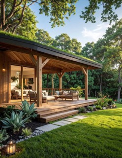 An eco-friendly porch designed for sustainable living in an environmentally-conscious home, lush