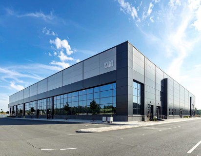Modern supermarket building exterior against blue sky, Inviting white facade, some clouds, concept