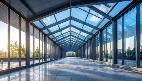 Modern architectural framework with glass and steel structure, glass facade with a greed of steel