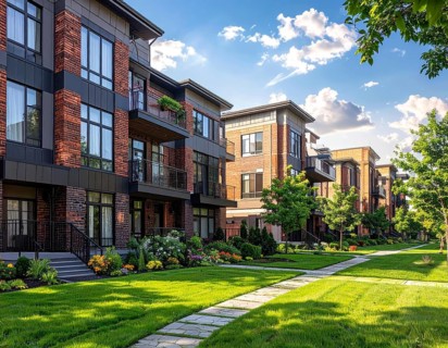 Modern apartment building with balconies and well-kept landscaping at sunset, Modern multifamily