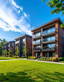 Modern apartment building with balconies and well-kept landscaping at sunset, Modern multifamily