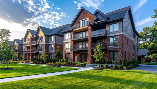 Modern apartment building with balconies and well-kept landscaping at sunset, Modern multifamily