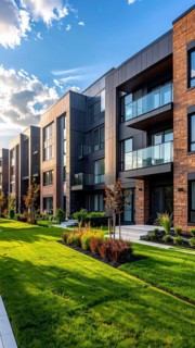Modern apartment building with balconies and well-kept landscaping at sunset, Modern multifamily