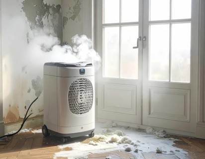 A specialized dehumidifier operates in a mold-infested room following water damage, Shell