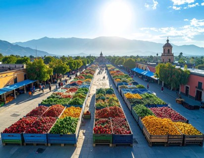 Traditional Mexican plaza with crates of peppers, onions, and tomatoes, economic prosperity in