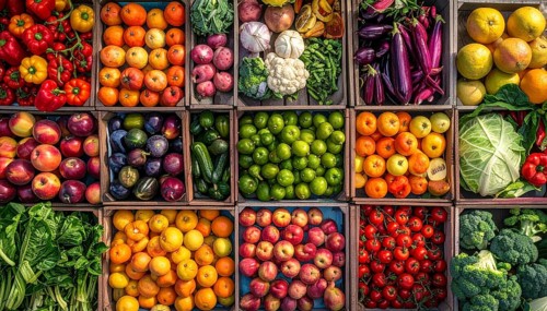 Fresh fruits and vegetables in a market display, aerial view perpendicular top down, healthy eating