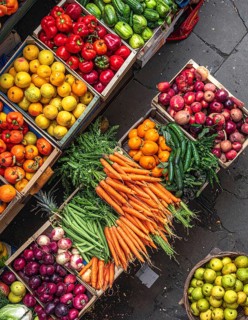 Fresh fruits and vegetables in a market display, aerial view perpendicular top down, healthy eating