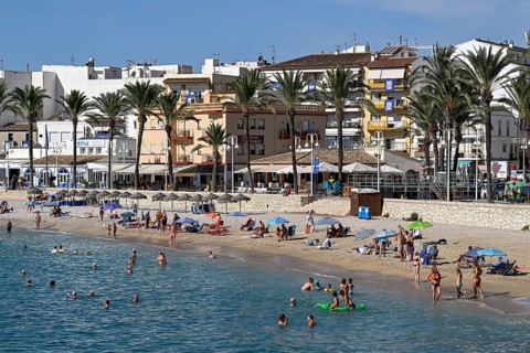 View of the beach and old town of Jávea or Xàbia, Alicante Province, Comunidad Valenciana, Spain