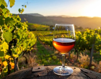 A glass of 10-year-old tawny wine placed on a barrel in a vineyard restaurant, vineyard landscape