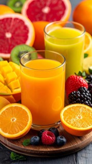 Fresh fruit juices in glasses, surrounded by colorful fruits, showcasing healthy drinking and