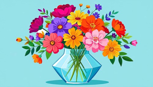 Crystal glass vase with vibrant blooming flowers, vibrant vector drawing illustration for fresh
