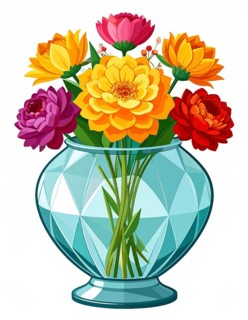 Crystal glass vase with vibrant blooming flowers, vibrant vector drawing illustration for fresh