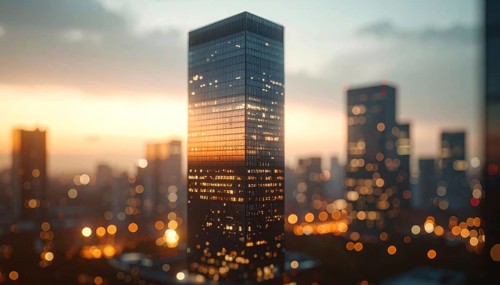 Modern building reflecting sunset light at dusk. Abstract Futuristic Business Background, AI