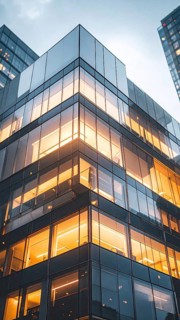 Modern building reflecting sunset light at dusk. Abstract Futuristic Business Background, AI
