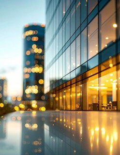 Modern building reflecting sunset light at dusk. Abstract Futuristic Business Background, AI