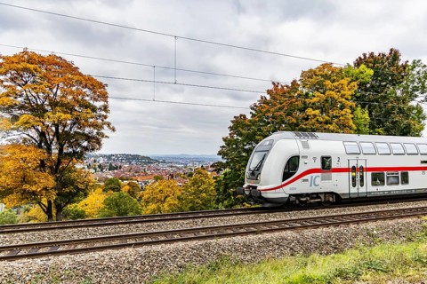 InterCity operated by Deutsche Bahn AG on the road between Stuttgart and Singen. The panoramic