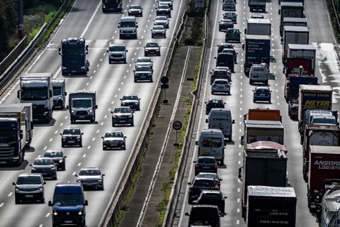 Traffic jam on the A3 motorway between the Hilden junction and the Mettmann junction, view to the