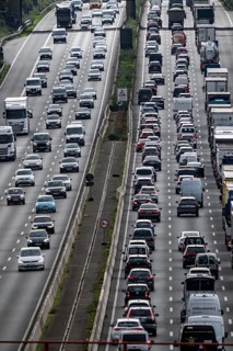 Traffic jam on the A3 motorway between the Hilden junction and the Mettmann junction, view to the