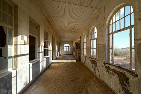 Former dwelling house full of sand, Kolmanskop, restricted diamond area, Karas region, Namibia