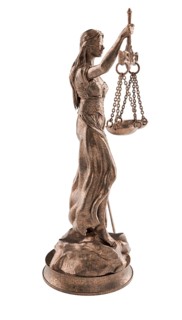 Bronze lady of justice statue isolated on a white background