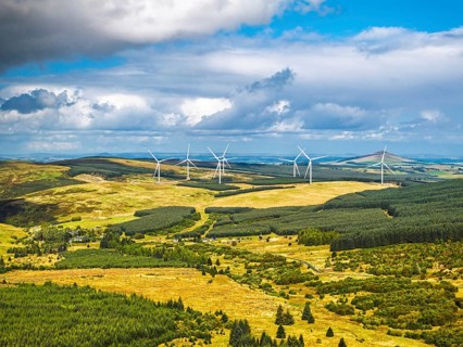 Wind Farm from a drone, Roxburghshire, Roxburgh, Southern Uplands, Scotland, UK