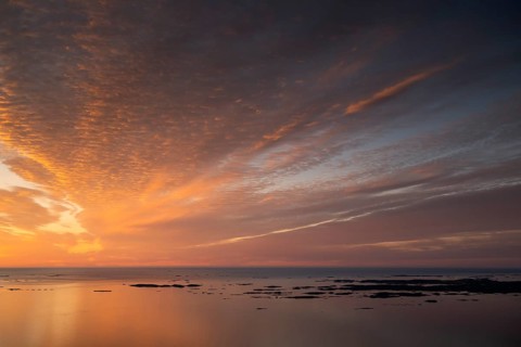 Offshore islands and skerries, sea, dramatically illuminated clouds, sunset, Otroya or Otrøya