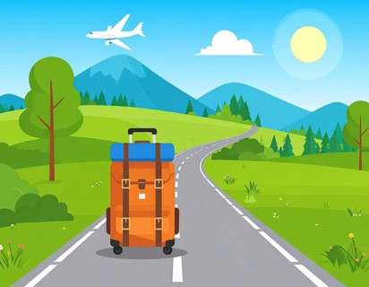 Traveling and hiking in mountain landscape, abstract vector illustration, AI generated image