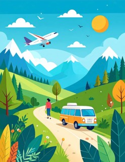 Traveling and hiking in mountain landscape, abstract vector illustration, AI generated image