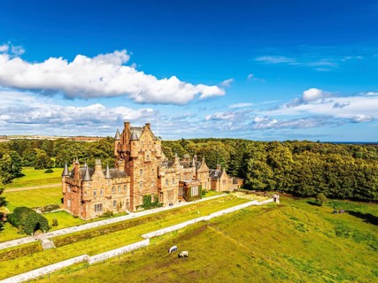 Ayton Castle from a drone, Ayton, Eyemouth, Scottish Borders, Scotland, UK
