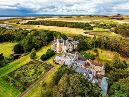 Luffness Castle from a drone, Aberlady, East Lothian, Scotland, UK