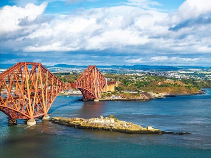 Inch Garvie Castle from a drone, Forth Bridge, Queensferry Crossing, Forth Estuary, Scotland,