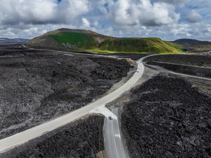 Lava, lava field, road, destroyed, summer, cloudy, sunny, aerial view, Blue Lagoon, Sundhnúkur