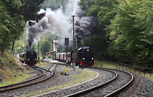 Steam locomotive, steam locomotives double exit on the Harz Narrow Gauge Railway, HSB, in the Harz