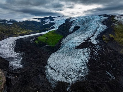 Glacier, glacier tongue, mountains, cloudy, summer, aerial view, Fjalljökull, Skaftafell, Iceland