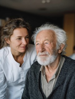 A young carer lovingly looks after a senior in a retirement home, nursing home, symbolic image for