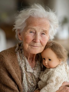 An elderly woman lovingly holds a doll in her arms, which radiates an emotional connection and