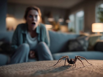 A spider on a table in the foreground, woman in the background visibly shocked, symbolic image for