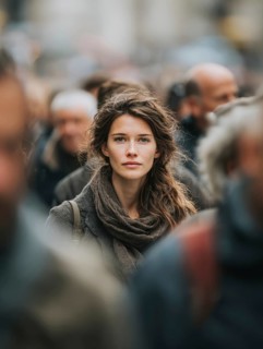 A woman stands in the middle of a crowd, symbolising mental health, stress in the big city,