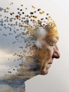 Double exposure of an elderly man and decaying parts of a landscape, symbolic image for memory