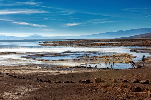 Landscape with hot springs and people, surrounded by beautiful nature, The thermal springs of