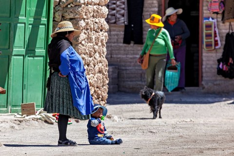 Woman and child in traditional dress stand with a dog in front of a green door in the village,