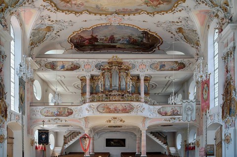 Interior photo, organ, organ loft, Catholic parish church of St Ulrich, Rococo, Seeg, Ostallgäu,