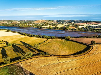 Farms and Fields over River Teign and Teignmouth Road from drone, Newton Abbot, Devon, England,