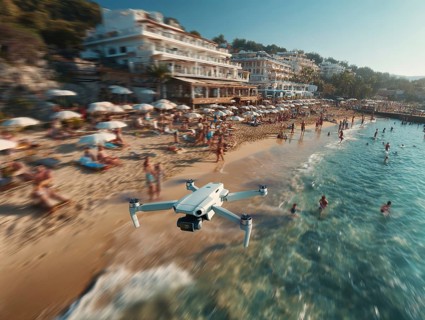 Ein Fernpilot steuert sein Quadrocopter, Drohne über einen dicht besetzten Badestrand, um illegale