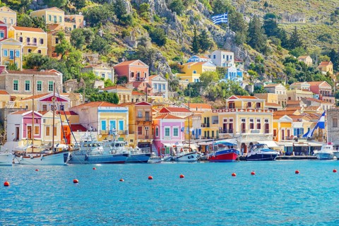 View of Gialos Harbour, Gialos, Symi Island, Dodecanese Islands, Greece