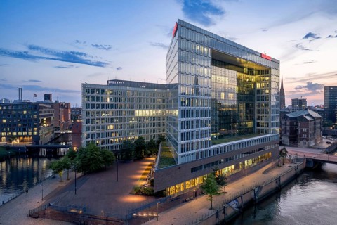 Aerial view of the Spiegel building at Ericusspitze in Hamburg's HafenCity in the Brooktorkai