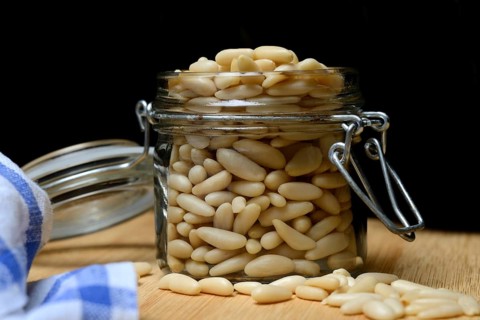 Pine nuts in glass containers, Pinus pinea