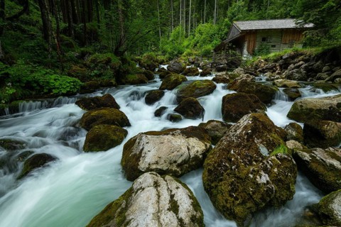 Golling watermill. Traditional mill in an alpine landscape, Golling an der Salzach, Austria